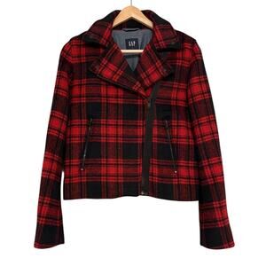 GAP Red Buffalo Plaid Moto Jacket Asymmetrical Zip Wool Blend Cropped Small